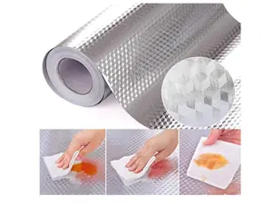 Kitchen Backsplash Stickers,15.7X196.9 inch, Self Adhesive Drawer Liner Peel and Stick Foil Wallpaper Cabinets Shelf Sticker (0.4M5M, Cube Texture-Silver)