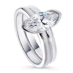 BERRICLE Sterling Silver Solitaire Wedding Engagement Rings Stackable Band for Women, 1.6 Carat Half Bezel Set Marquise Cut Cubic Zirconia CZ Ring Set
