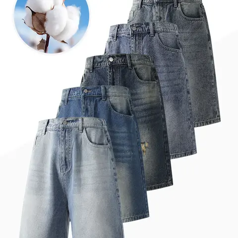 Vintage Distressed Washed Denim Mid-Length Shorts for Men, Breathable Loose Straight Leg Relaxed Fit Knee-Length Jean Shorts, Classic Casual Street Style Lightweight Denim Short Trousers for Summer Daily Outdoor Walking
