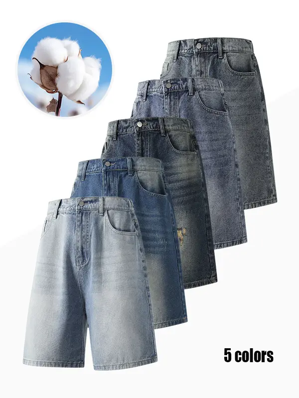 Vintage Distressed Washed Denim Mid-Length Shorts for Men, Breathable Loose Straight Leg Relaxed Fit Knee-Length Jean Shorts, Classic Casual Street Style Lightweight Denim Short Trousers for Summer Daily Outdoor Walking