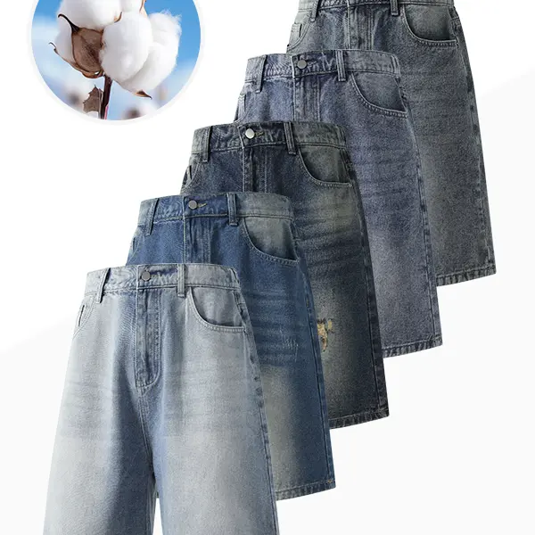 Vintage Distressed Washed Denim Mid-Length Shorts for Men, Breathable Loose Straight Leg Relaxed Fit Knee-Length Jean Shorts, Classic Casual Street Style Lightweight Denim Short Trousers for Summer Daily Outdoor Walking
