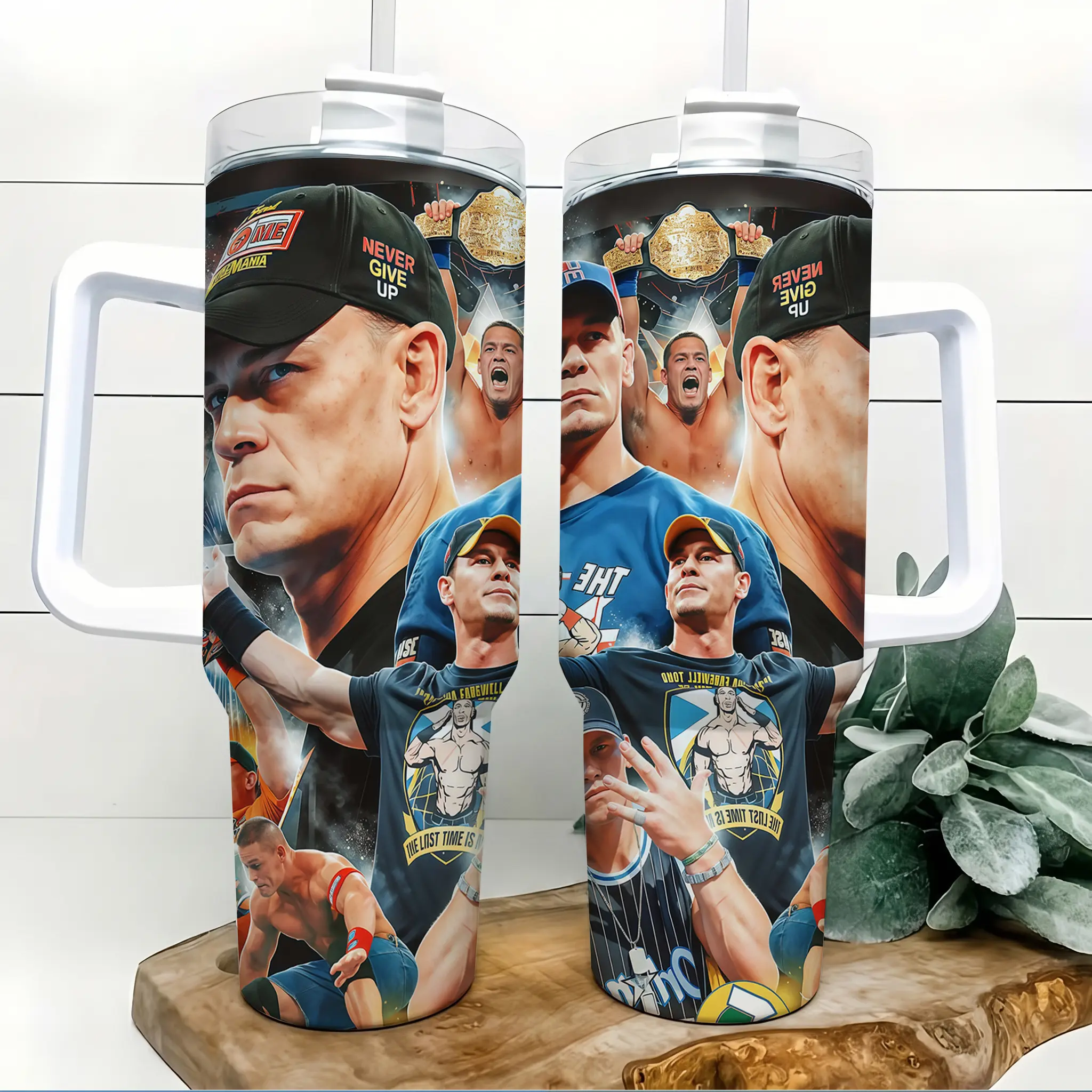 John Cena WWE Never Give Up 40oz Heat-Resistant Stainless Steel Wide Mouth Portable Drink Tumbler - Comfortable Handle, Straw, Wrestling Superstar Collage Car Cup, Fan Gift for Teens Collectors