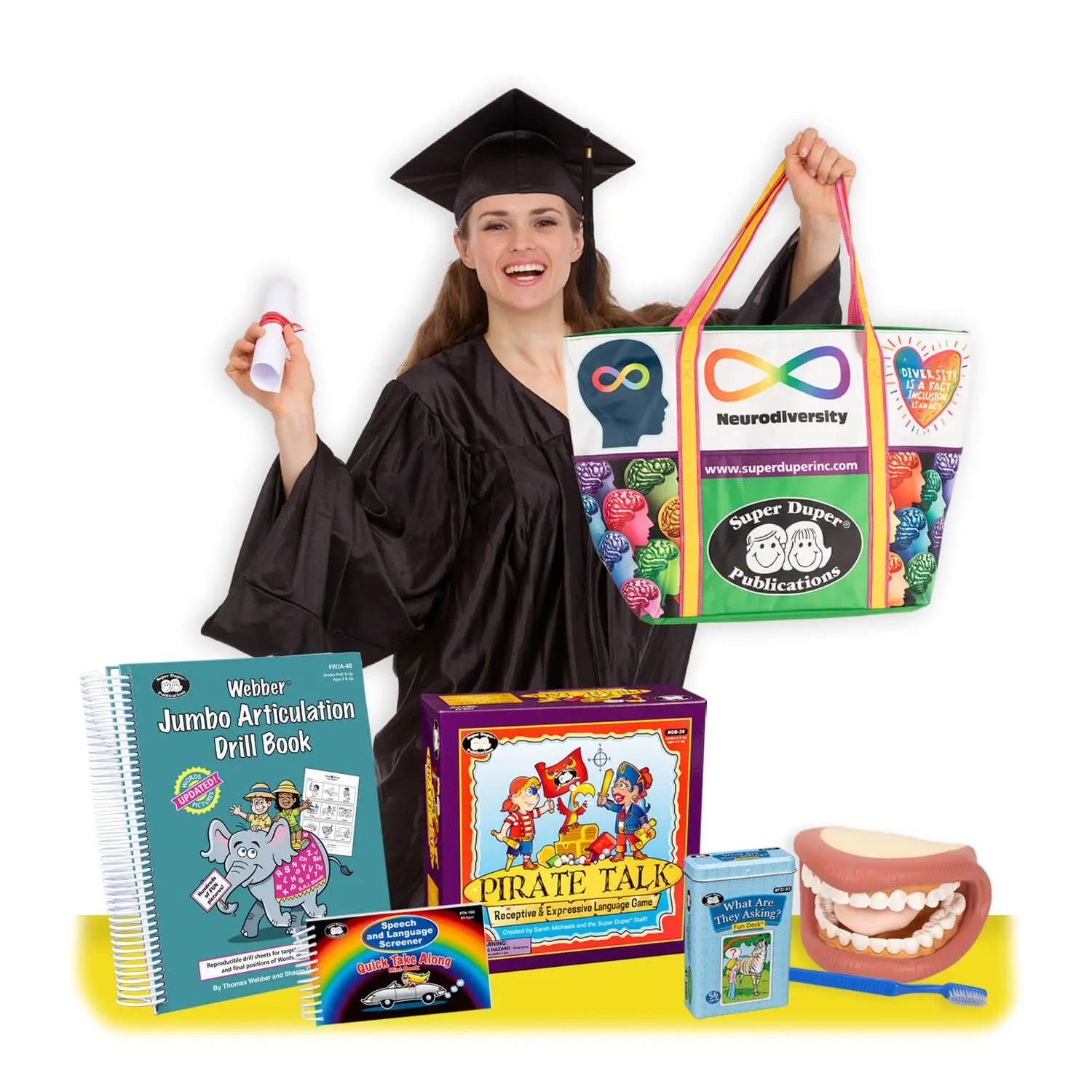 Super Duper SLP Starter Kit for Speech Language Pathologists – New Grad & CF Essential Therapy Materials Bundle, Articulation Drill Book, Mighty Mouth Puppet, Pirate Talk Game, Language Screener, Fun Deck, Tote Bag & 2 Mystery Gifts