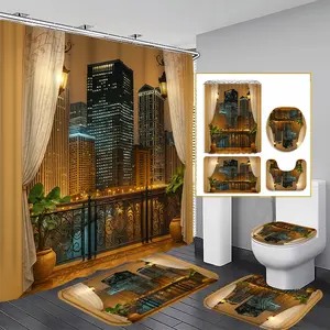 1/3/4PCS Urban Night Scene Balcony Curtain Set, 71x71 Inches, Includes Background Pattern, Comes with 12 Hooks, 1/3/4pcs Options