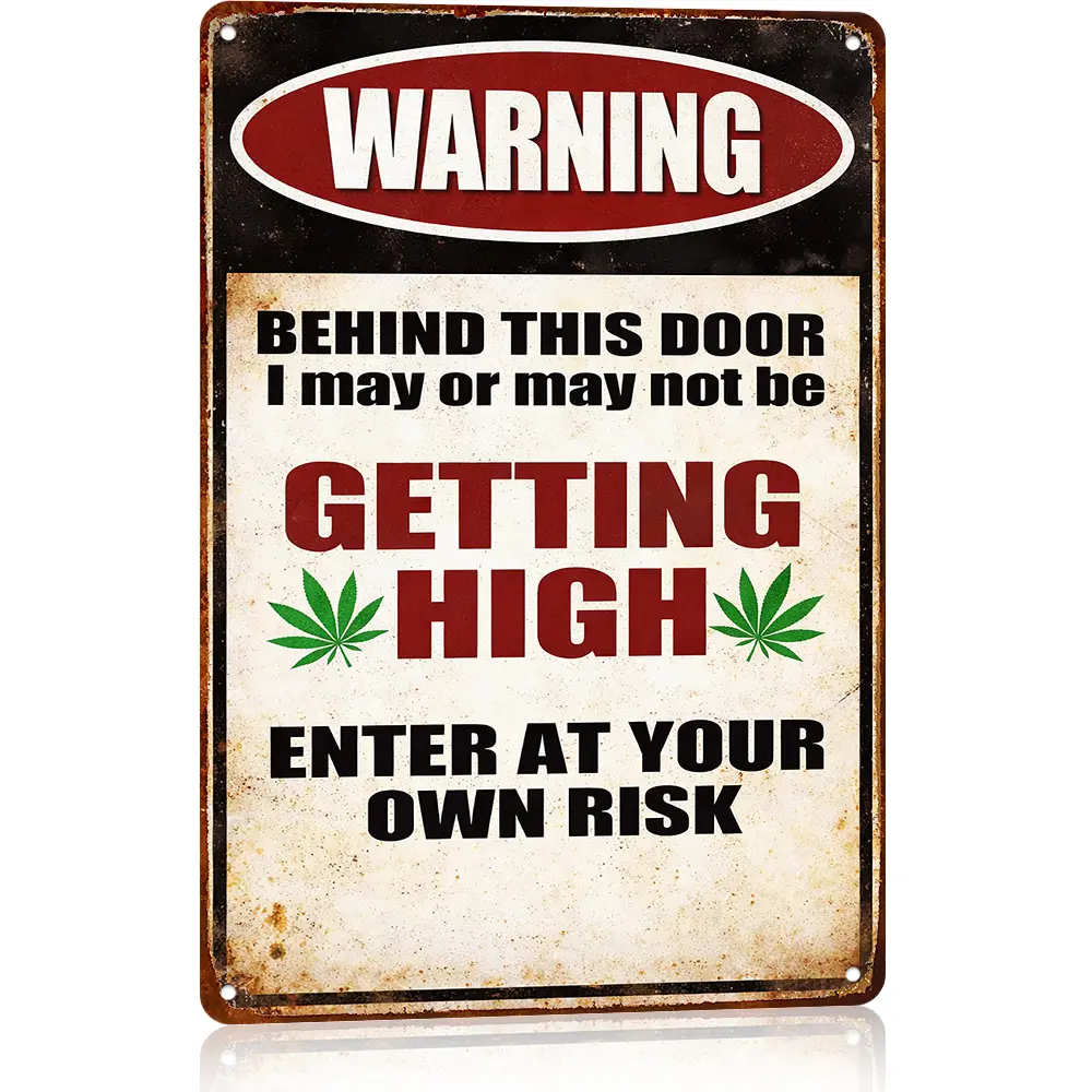 Vintage Aluminum Marijuana Metal Sign, Whimsical Lightweight Home Decor & Room Decor, 12x8 in Wall Plaque, Stoner Man Cave Gift - Warning: Behind This Door I May Be High - Enter At Your Own Risk