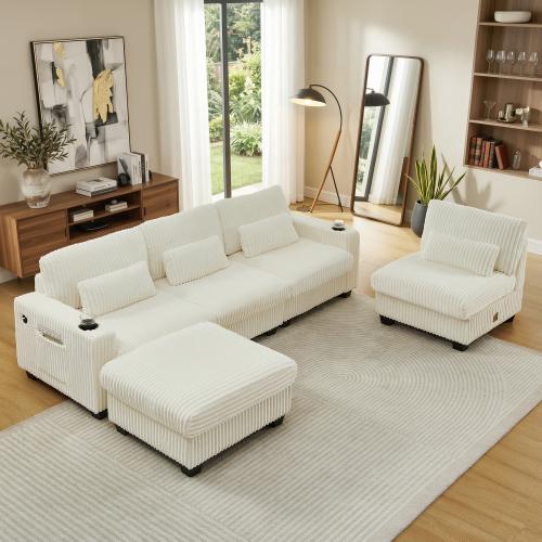 【3-Piece Set 】Niccae 126" Oversized Sectional Couch for Living Room, L-Shaped Modular Corduroy Sofa with Ottoman, Cup Holders, 4-Seater Convertible Design, Charge Port, Waist & Back Pillows