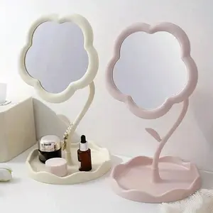Flower-Shaped Dressing Table Hanging Makeup Mirror, Decorative, Adjustable Rotation, Battery-Free, Polished Plastic Frame, Storage Tray, Bedroom, Students, Travel, Decoration