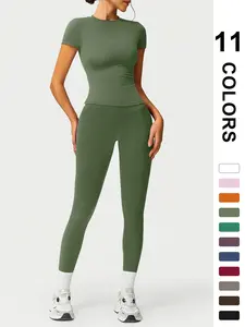 Women's Two-piece Round Neck Tee & High Waist Leggings Set, Sporty Breathable Quick-Drying Outfits for Yoga Gym Workout Running Cycling Wear