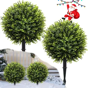 2 Pack Faux Boxwood Balls for Outdoor Planters, 24'' UV Resistant Outside Artificial Plant Topiary Trees Shrub Bushes Cedar with Spike for Porch,Indoor,Garden Pathway Decoration