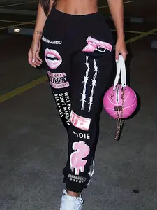 【Plus Size】 Letter Print Pants, Stretch High Waist, Casual Comfy Trousers for Women, Women's Bottoms for Fall & Winter, Womenswear