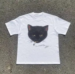 Vintage Smoking Cat Graphic Tee | Heavyweight Cotton Oversized Y2K Shirt | Gothic Grunge Emo Scene Alt Streetwear Top for Men & Women