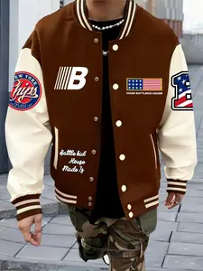 Men's Baseball Jacket Coats, American Street Style Streetwear, Trendy B Letter Print, Unique Design, All-Season Outerwear, Casual Fitted Fit