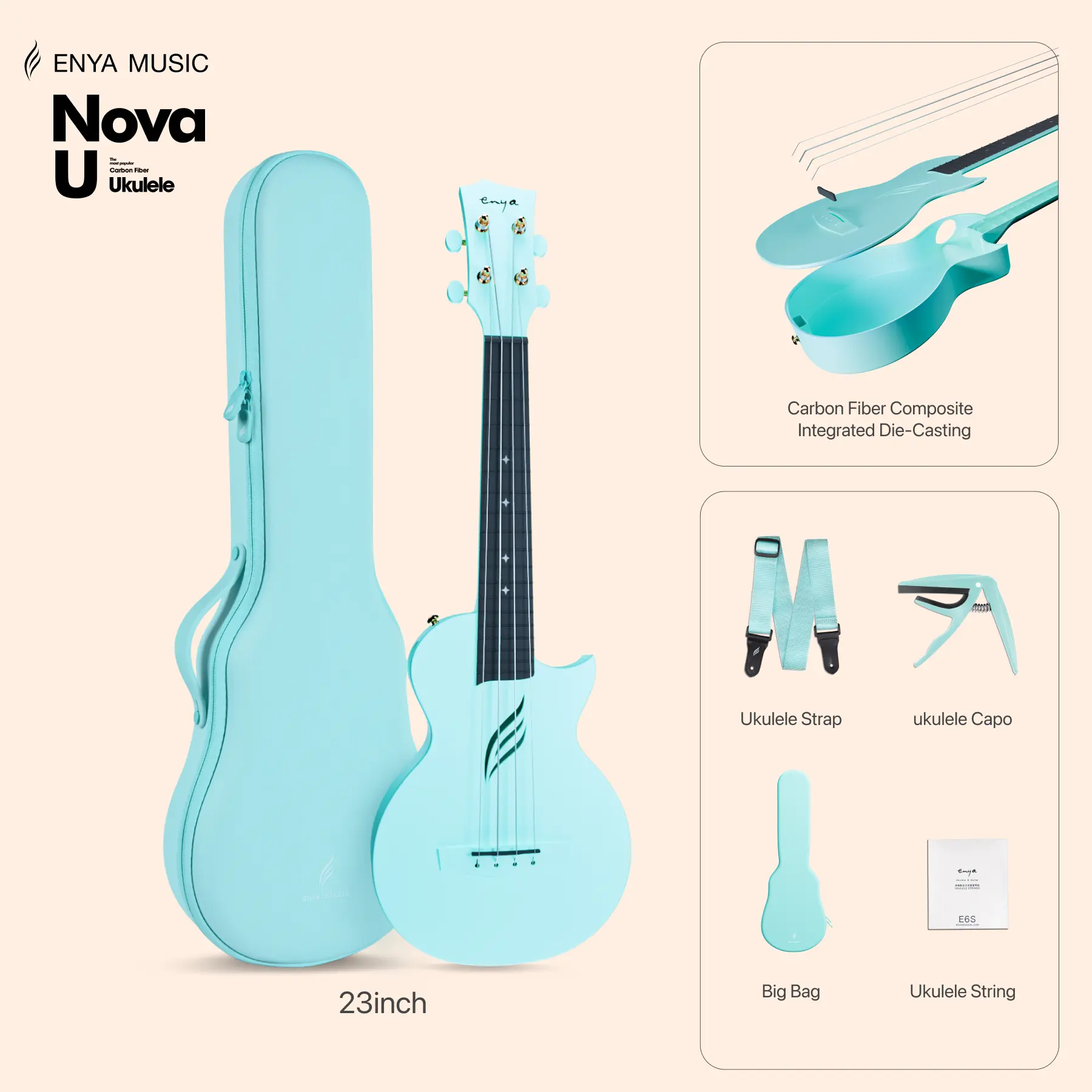 【Enya Nova U Ukulele】23 inch Carbon Fiber Composite Concert Ukulele - Waterproof Travel Ukulele with Case, Strap, Capo - All-Weather Performance for Beginners - Christmas Gift, TikTokShopHolidayHaul, Ukulele String