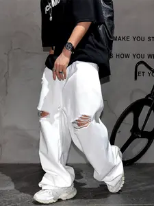 Men's Distressed Denim Jeans, Loose Fit Wide Leg Jeans, Simple American Style Korean Trendy Straight Long Pants, Ripped Jeans, Loose Jeans Trousers