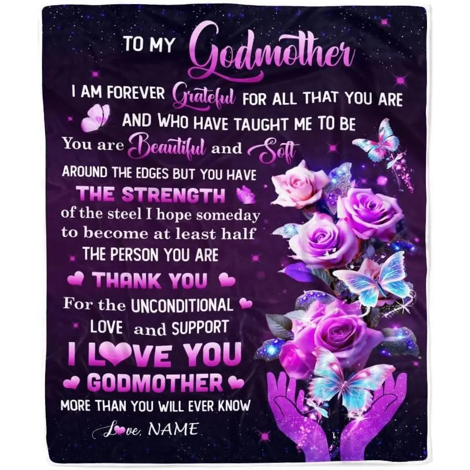 Personalized to My Godmother Blanket Thank You for Love Butterfly Godmother Birthday Mothers Day Thanksgiving Christmas Customized Gift Fleece Throw Blanket (60 x 80 in Adult Size)