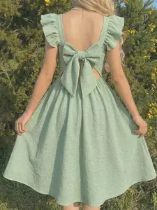 Kids Tween Girls Elegant Butterfly Decor Back Bow Ruffle Detail Printed A-Line Dress