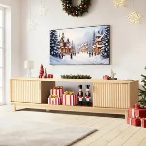 Modern 70" TV Console Table with Storage - Natural Wood Grain Entertainment Center with Fluted Doors, Compatible with 75 Inch TVs