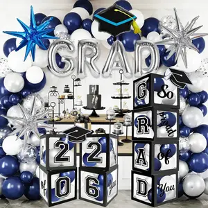 2026 Graduation Boxes Decorations,Blue and Silver Balloon Garland Arch Kit with GRAD,2026 Balloon Boxes,Graduation Cap Decor for High School,College Gradua
