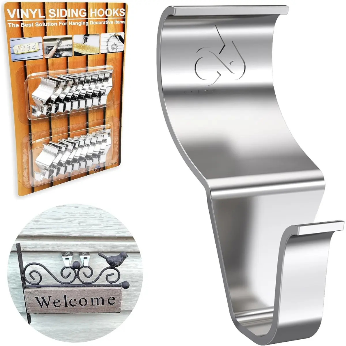 20-Pack Heavy-Duty Stainless Steel Vinyl Siding Hooks, No-Hole Clip System Hangable Hooks & Rails for Patio Ornaments, Decorations, Wreaths, Clip System Hooks & Rails