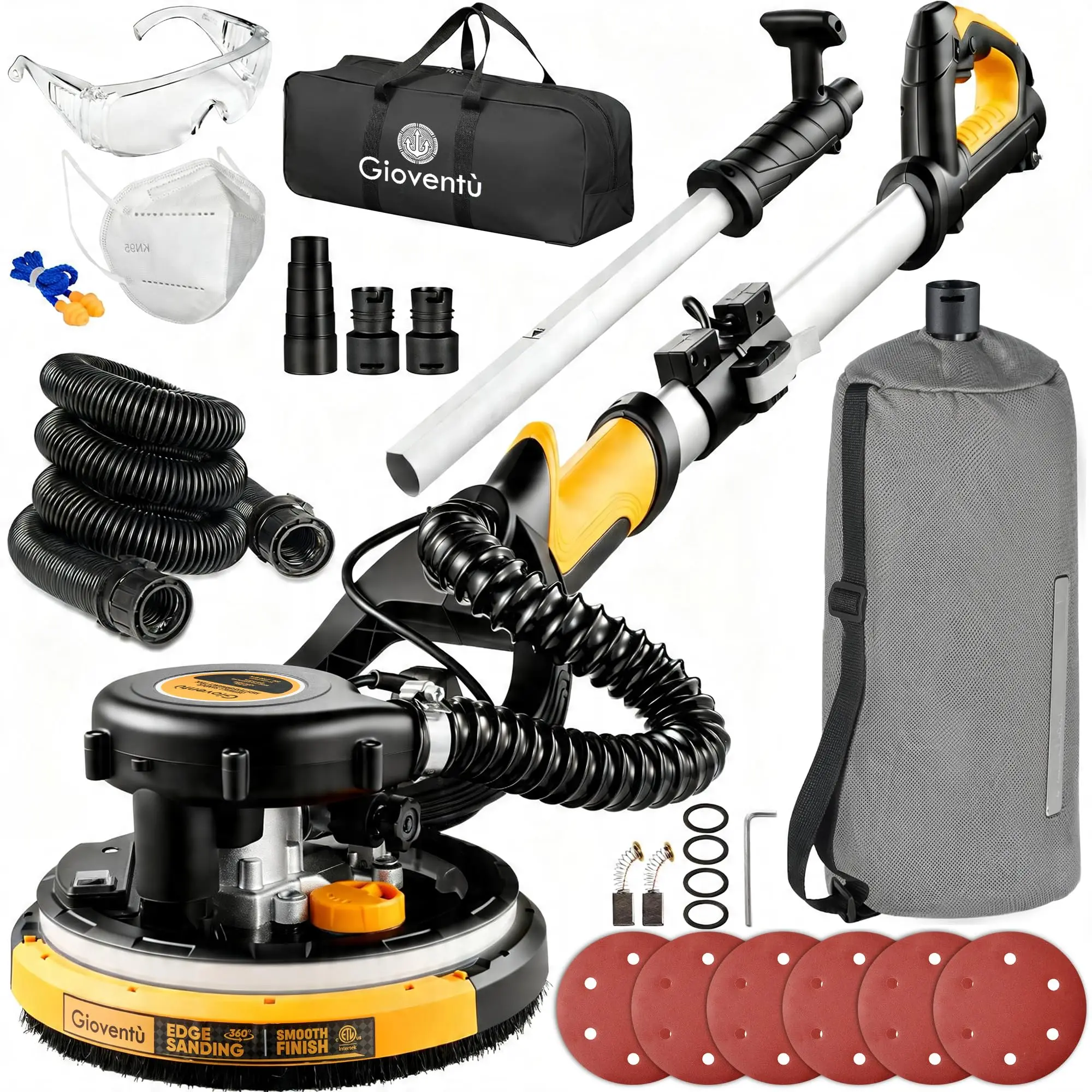 750W Motor Drywall Sander with Vacuum, 120V Input, 1800 RPM, 99% Dust Collection, LED Light, 360° Rotatable Head, Extendable Pole, Hook-and-Loop Pad