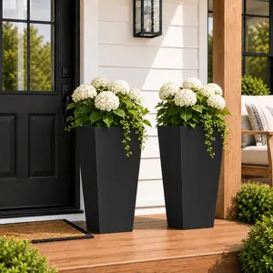 GreenShip 27 inch Tall Planters for Indoor Outdoor Plants, Set of 2 - Large Black Flower Pots with Drainage & Inner Shelf, Modern Decorative Garden Pots for Porch, Patio, Front Door