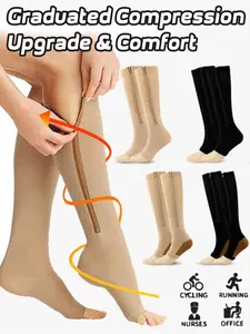 4 Pairs Open Toe Zipper Copper Wellow Compression Socks Women Men 15-20 mmhg Knee High Pregnant Nurses Pregnancy Maternity Medical Cute Sports Gold Fit Cycling Medias de Para Mujer Adult Support Hose Circulation Long Womans, Athletic Socks