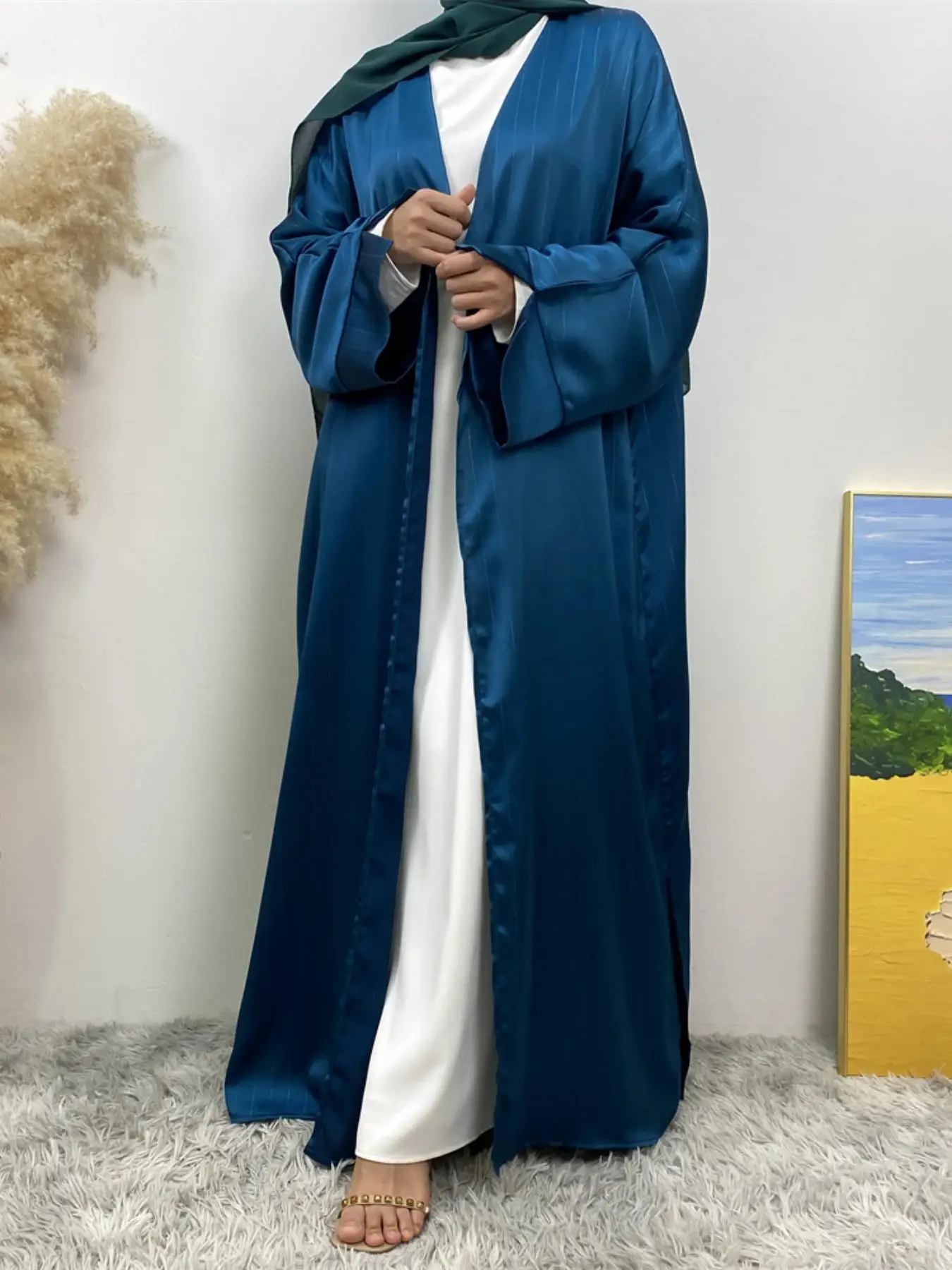 Women's Solid Batwing Sleeve Split Hem Abaya, Modest Long Sleeve Open Front Abaya for Daily Wear, Women's Islamic Clothing for Spring & Fall