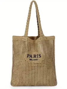 Knitted Shoulder Bag, Versatile Beach Tote Bag With Embroidered Hollow Letter Design, Casual Travel , Beach Bag, Shoulder Totes
