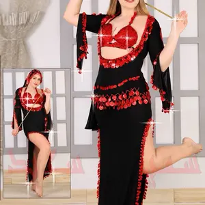 Scarlet Queen Belly Dance Costume with Red Sequins and Black Fabric for Performance
