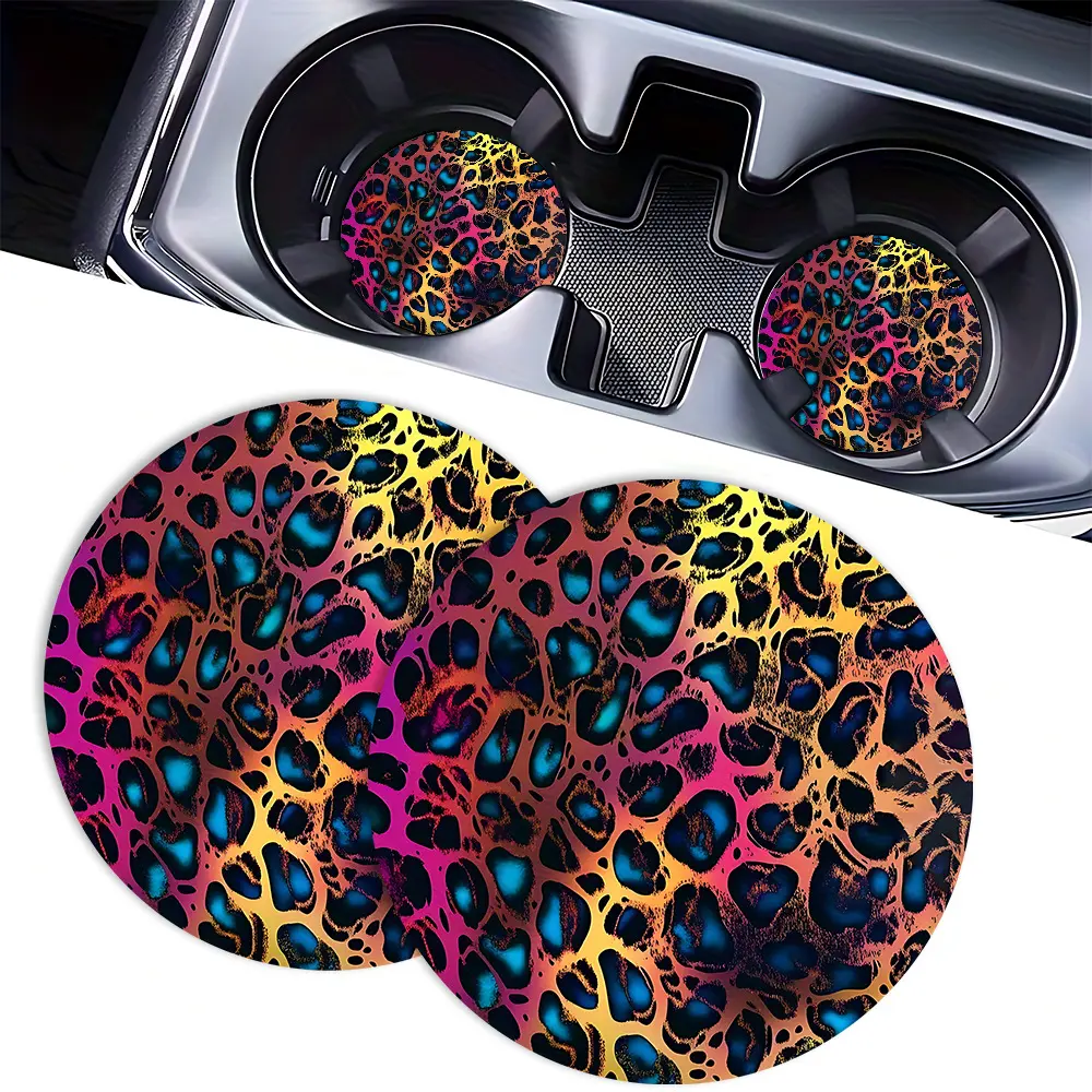 2pc Neon Leopard Print Car Cup Holder Coasters, Rainbow Cheetah Animal Pattern Car Coasters, Absorbent Rubber Anti-Slip Auto Cup Mat, Trendy Y2K Car Interior Decor Gift