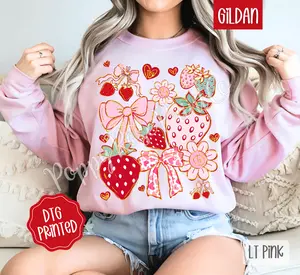 Boho Strawberry Sweatshirt, Cute Women's Coquette Floral Sweater, Trendy Fruit Crewneck, Gift for Her