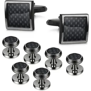 FINREZIO 8pcs Mens Carbon Fiber Cufflinks and Shirt Studs Set Tuxedo Shirts Business Wedding Silver Black Tone Daily