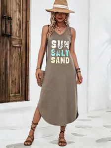A sleeveless V-neck mid-length dress with side slits, featuring a sleeveless vest style. Its style leans towards a relaxed and casual look, suitable for everyday wear or going out.