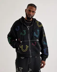 Mens True Religion Big T Cinched Full-Zip Fleece Hoodie