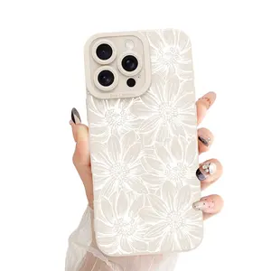 HAND&CRAFT Soft Silicone Case for iPhone 14 15 16 - White Sunflower Floral Design - Slim Fit & Shockproof Protection - for Women - Protective Cover - Elegant Floral Pattern - SmartPhone Casing  Cellphone Screen Protector