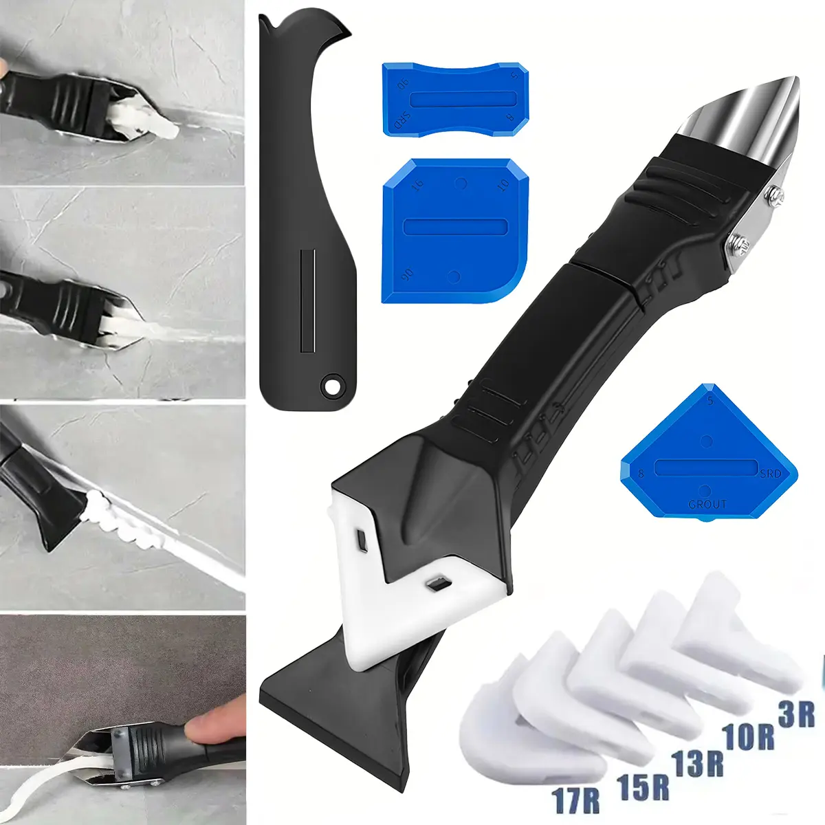 Silicone Caulking Tool Kit, 3in1 Caulk&Grout Remover Tool | 4pc Glass Glue Angle Scraper Include, Sealant Finishing Tool for Bathroom, Kitchen, Floor, Window, Sink Joint
