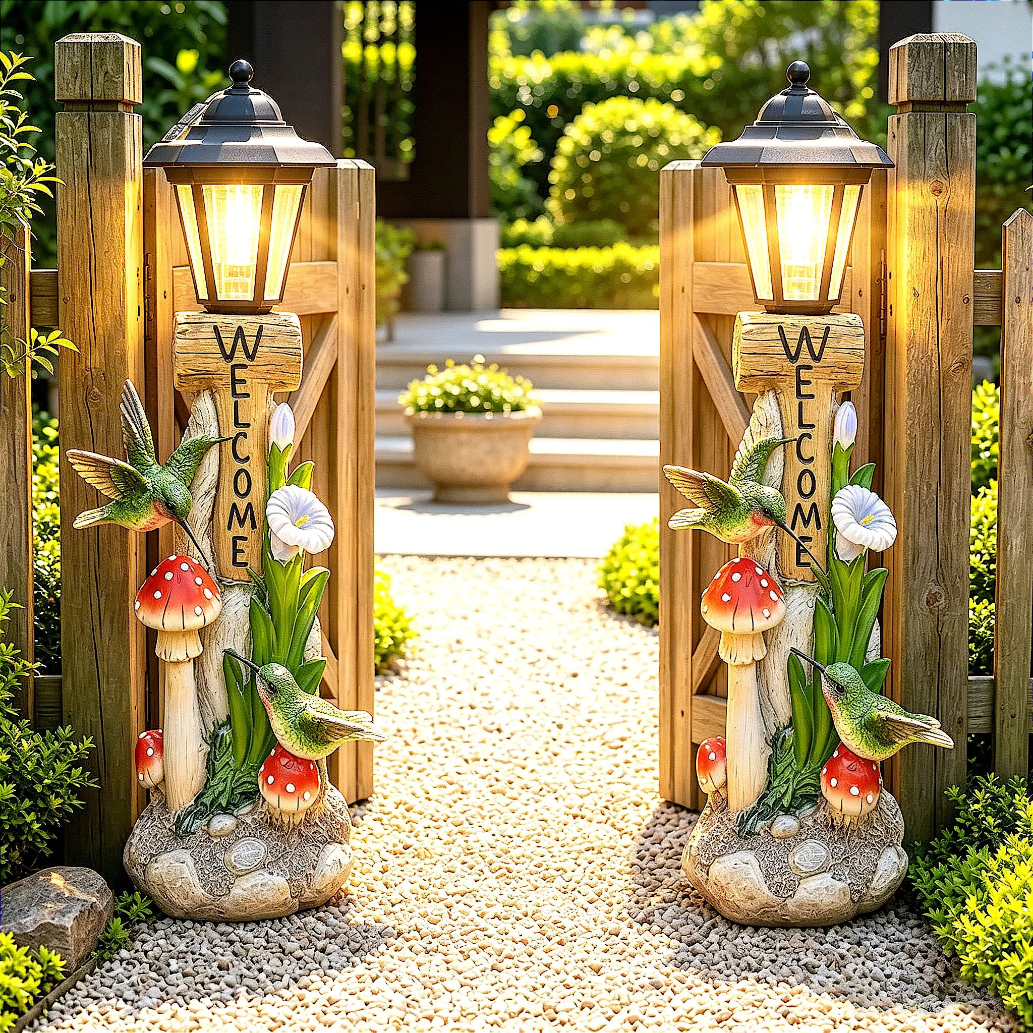 1-Piece Lifelike Double Hummingbird Resin Solar Outdoor Light Statue - Waterproof, Durable Garden Decor Solar Stake with Mushrooms for Patio, House Floor Landscaping