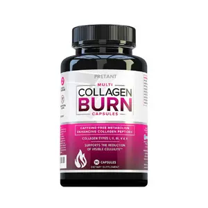 Multi Collagen Burn: Multi-Type Hydrolyzed Protein Peptides with Hyaluronic Acid, Vitamin C, SOD B Dimpless, Types I, II, III, V and X Collagen, Caffeine-Free (Unflavored Capsules)