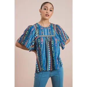 Sausalito Flutter Sleeve Shirred Blouse - Blue