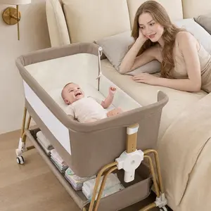 4-in-1 Baby Bassinet, Portable Bassinet Bedside Sleeper with Wheels and Storage Basket, 7 Height Adjustable Breathable Mesh Rocking Bassinet with Mosquito Net for Newborn