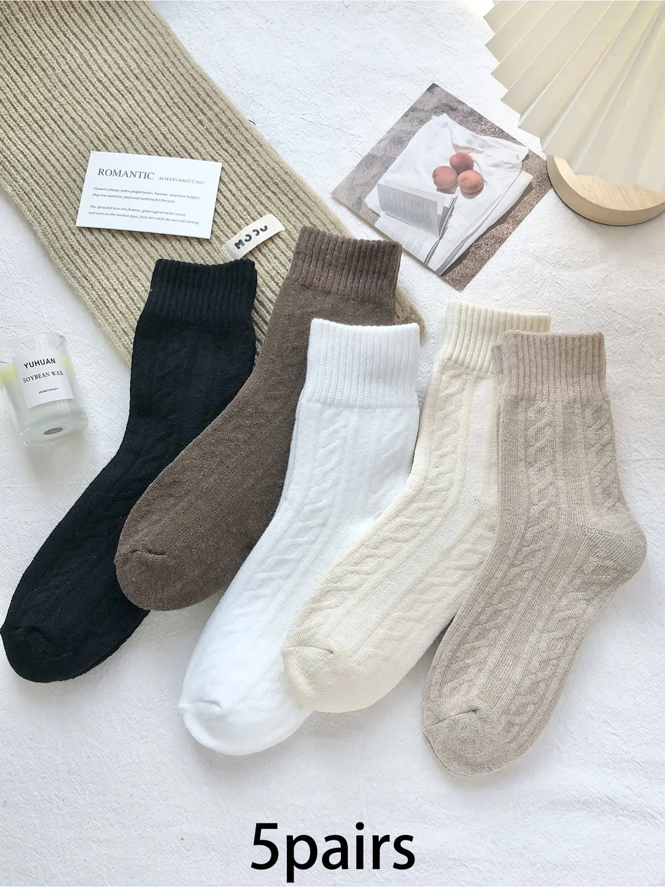 5 pairs of stylish Aesthetic Casual ribbed hosiery mid-calf socks, minimalist solid colors for Everyday comfort, breathable, warmth, and knitting. Suitable for women's daily leisure and home wear