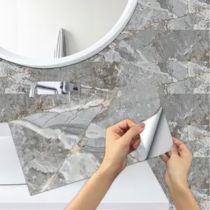 6/12/24/48PCS Rectangular Retro Gray-Gold Marble Tile Stickers | PVC Crystal Film | Waterproof Oil-Proof Kitchen Bathroom Decoration (FG)