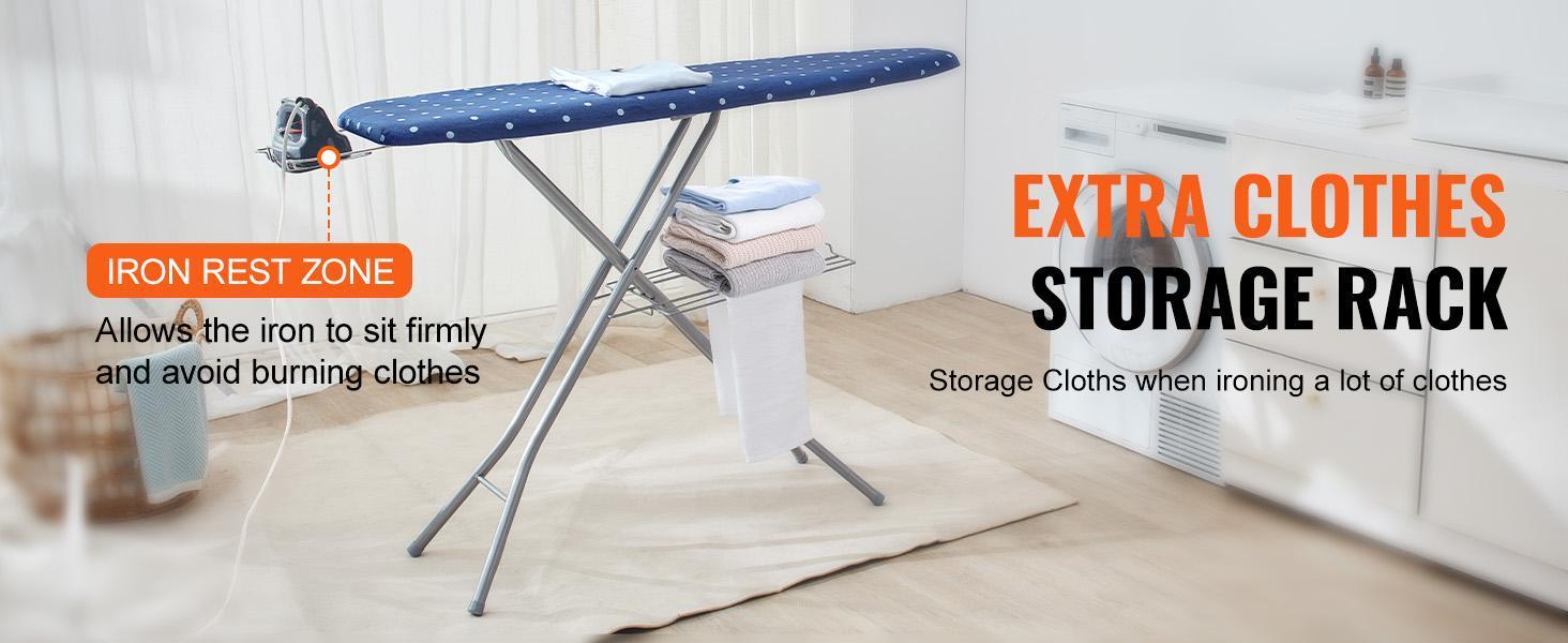 VEVOR Ironing Board with Bottom Storage Tray, Thickened 4 Layers Iron Board with Heat Resistant Cover and 100% Cotton Cover, 10 Adjustable Heights Ironing Board for Home Laundry Room Use (Size 55x15) Accessories Smooth