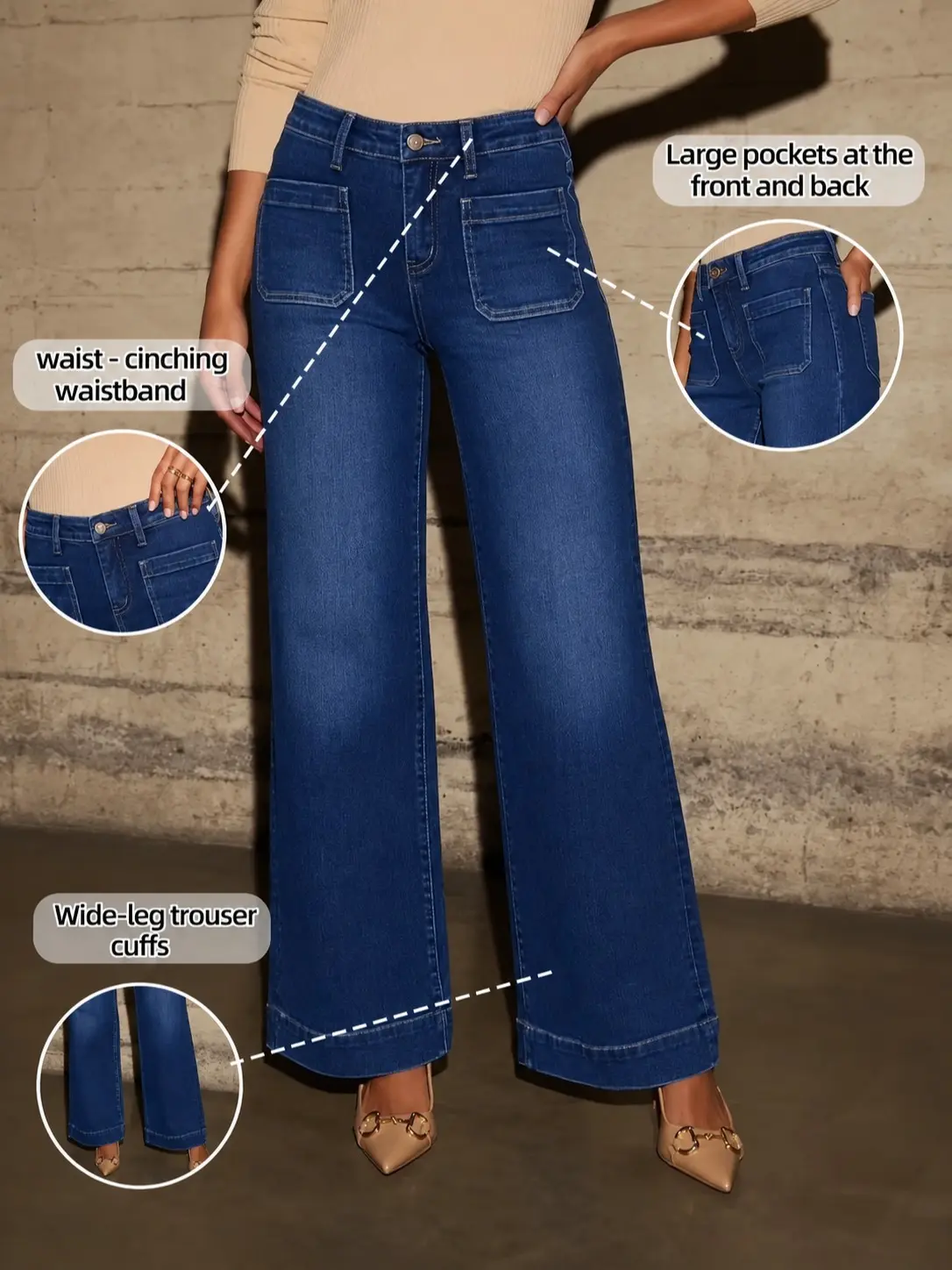 Women’s High Waisted Wide Leg Jeans, Vintage Dark Wash Denim Pants with Front & Back Patch Pockets, Waist-Cinching Straight Leg Jeans for Casual Going Out Outfits