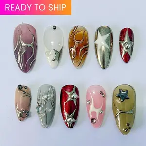3D Freestyle Almond Goth Press On Nails, Handpainted Luxury Acrylic Gothic Fake Nails, Emo Y2K Style