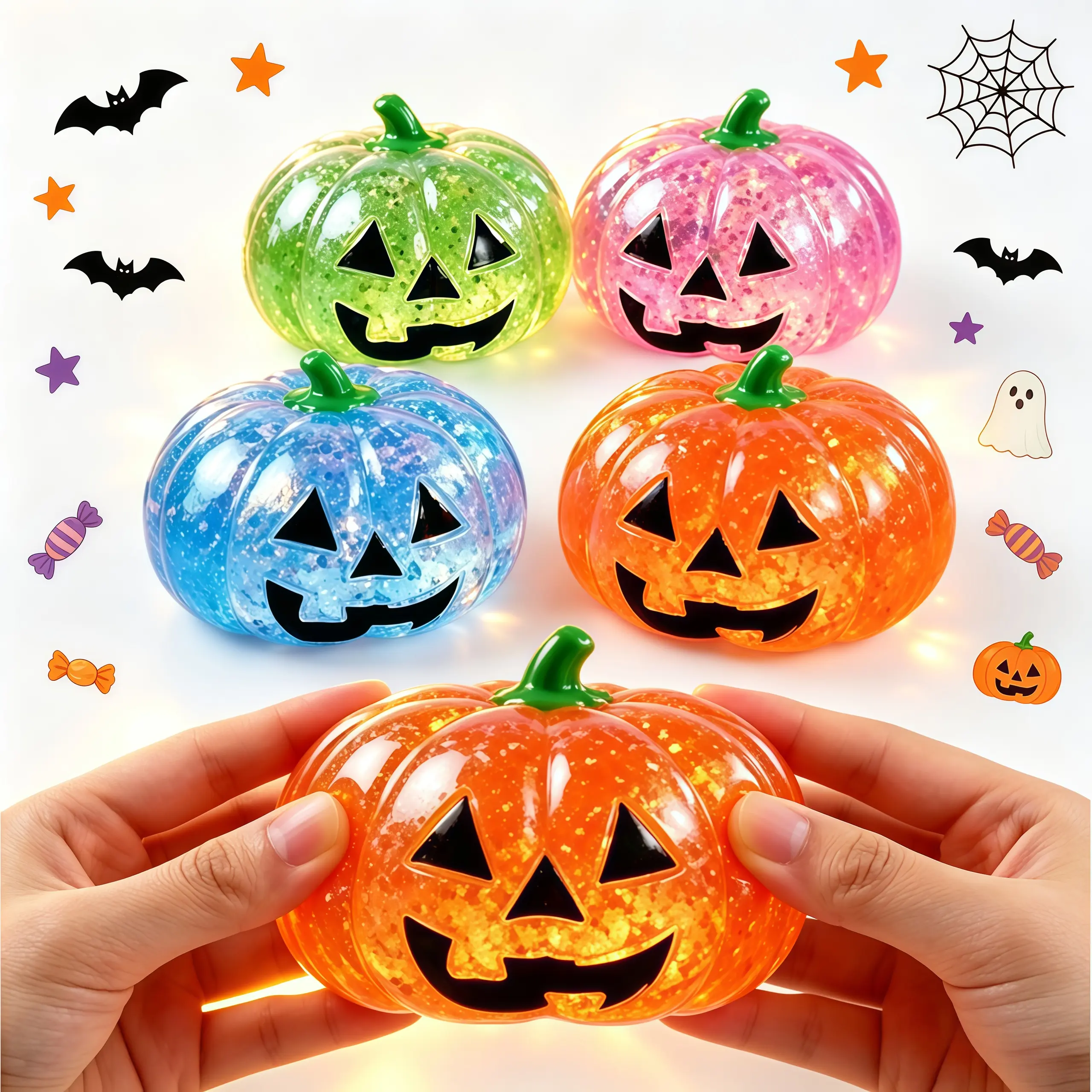 Halloween Pumpkin Squishy Toy, Slow Rebound Fidget Stress Ball, Glitter Mini Pumpkin Squeeze Toy, Anxiety Relief Sensory Toy For Kids Halloween Party Desktop Decor Gift