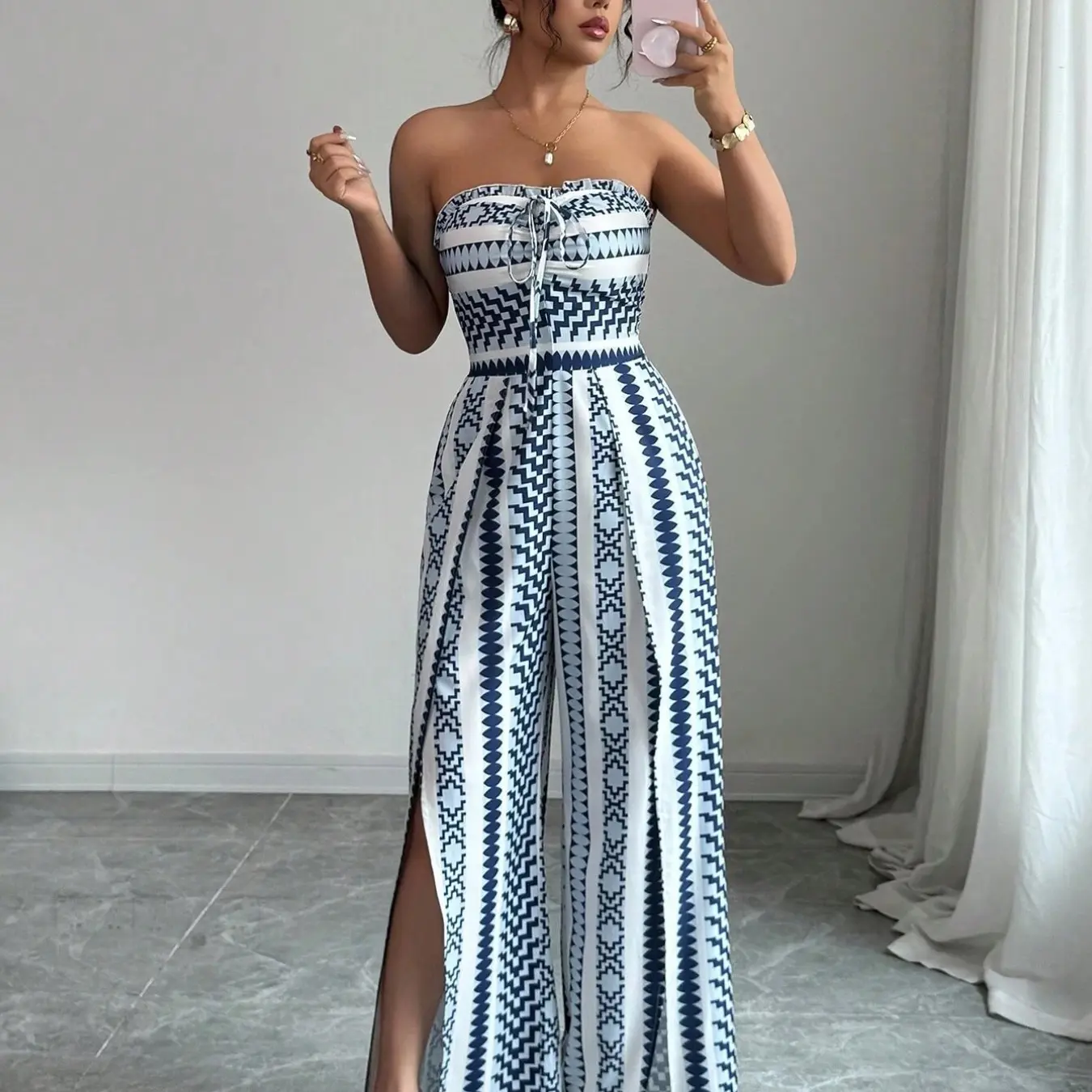 Breathable Flowy Wide Leg Geometric Printed Jumpsuit, Sleeveless Boho Style, Fit, High Waist, Leaf Print, Split Thigh Slit, Perfect for Beach, Work, Date Night