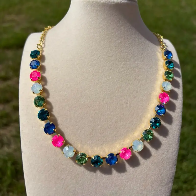 Mandi's Sparkle Candy Halee Necklace with Colorful Rhinestones in Gold or Silver