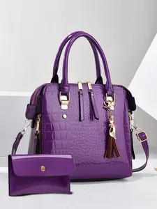 Alligator Pattern Glossy Leather Handbag Set, Elegant Classic Style, Versatile Two-Piece Bag with Pendant, Perfect for Any Occasion