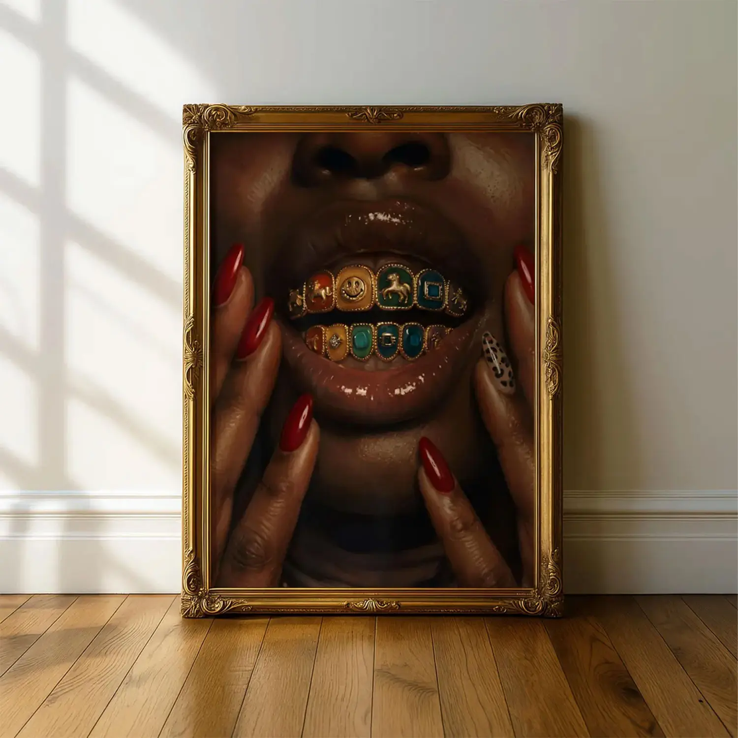 Grillz Art Print, Black Woman Urban Poster, Red Leopard Nails Afrocentric Art